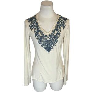 LABEL Ritu Kumar‎ Cream Blue Beaded Top Boho Country Concert Festival Size 3 M